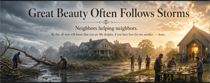 Great Beauty Often Follows Storms Neighbors helping Neighbors By this all men will know that you are my disciples, If you have love for one another - Jesus