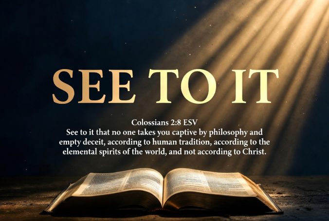 SEE TO IT - "SEE TO IT that no one takes you captive by philosophy and empty deceit, according to human tradition, according to the elemental spirits of the world, and not according to Christ.” Colossians 2:8 ESV