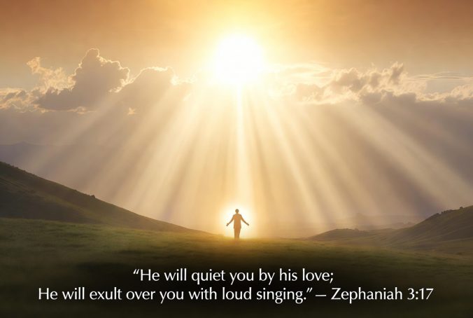 "The Lord your God is in your midst, a mighty one who will save; he will rejoice over you with gladness; he will quiet you by his love; he will exult over you with loud singing.” Zephaniah 3:17