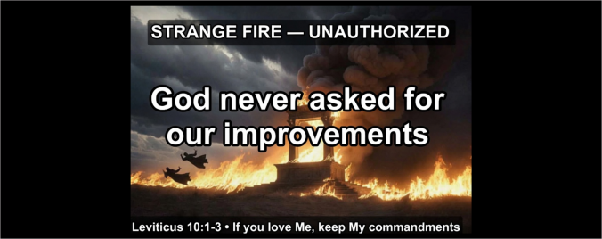 STRANGE FIRE - UNAUTHORIZED God never asked for our improvements Leviticus 10:1-3 If you love Me, Keep My commandments