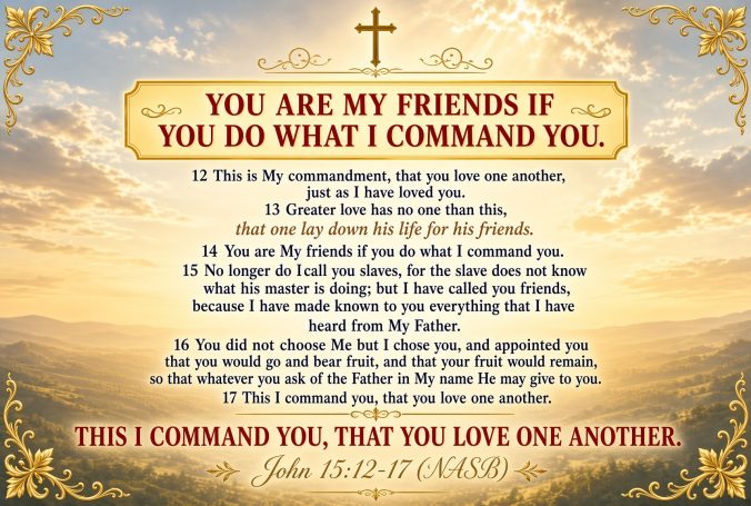“This is My commandment, that you love one another, just as I have loved you. Greater love has no one than this, that one lay down his life for his friends. You are My friends if you do what I command you. No longer do I call you slaves, for the slave does not know what his master is doing; but I have called you friends, for all things that I have heard from My Father I have made known to you. You did not choose Me but I chose you, and appointed you that you would go and bear fruit, and that your fruit would remain, so that whatever you ask of the Father in My name He may give to you. This I command you, that you love one another.” ‭‭John‬ ‭15:12-17‬ ‭(NASB)‬‬‬‬‬‬‬‬‬‬‬‬‬‬‬‬